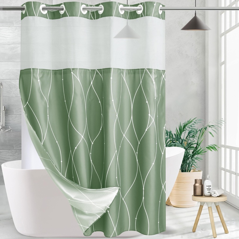 NEW Fabric Shower Curtain, Mesh Window Hook Free Removable Liner 71” W x 74” H